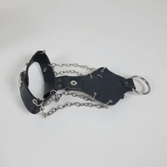 Black Faux Leather Silver Tone Skeleton Hand Slave Bracelet Punk Halloween Goth - Picture 7 of 9